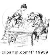 Clipart Of A Retro Vintage Black And White Mother Drawing With Her Children Royalty Free Vector Illustration