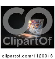 Clipart Of A 3d Laptop Computer With Gear Cogs On The Display Over Black Royalty Free CGI Illustration by Mopic