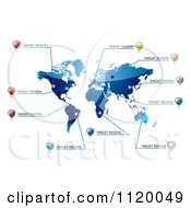 Clipart Of A Shiny Blue Map With Shields And Target Region Text Royalty Free Vector Illustration by michaeltravers