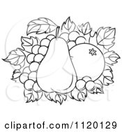 Clipart Of A Black And White Orange And Pear On Grapes Royalty Free Vector Illustration