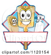 Happy Broom Scrub Brush And Spray Bottle Mascots On A Blue And Red Cleaning Sign Or Logo