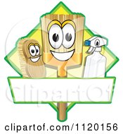 Happy Broom Scrub Brush And Spray Bottle Mascots On A Yellow Cleaning Sign Or Logo