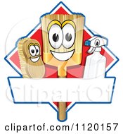 Happy Broom Scrub Brush And Spray Bottle Mascots On A Red Cleaning Sign Or Logo