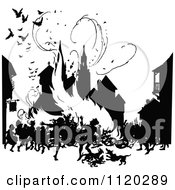 Clipart Of A Silhouetted Town Burning Down In A Fire Royalty Free Vector Illustration