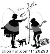 Clipart Of A Silhouetted Dog And Men By A Wimpy Tree Royalty Free Vector Illustration