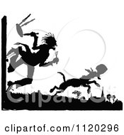 Clipart Of A Silhouetted Man Chasing A Dog Thief Royalty Free Vector Illustration