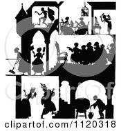 Clipart Of A Silhouetted Castle With People Inside 1 Royalty Free Vector Illustration