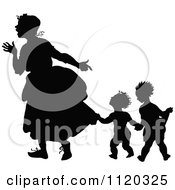 Clipart Of A Silhouetted Woman With Her Children Holding Onto Her Dress Royalty Free Vector Illustration