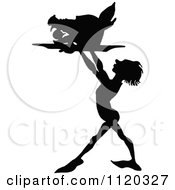 Clipart Of A Silhouetted Servant Holding Up A Pork Platter Royalty Free Vector Illustration