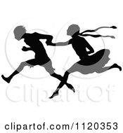 Clipart Of A Silhouetted Couple Running And Holding Hands Royalty Free Vector Illustration