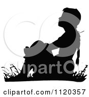 Clipart Of A Black And White Girl Sitting In Grass Royalty Free Vector Illustration