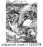 Clipart Of A Retro Vintage Black And White Leviathan Sea Monster Royalty Free Vector Illustration