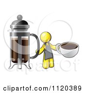 Cartoon Of A Yellow Man Barista Holding A Cup Of Coffee By A French Press Royalty Free Vector Clipart