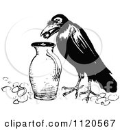 Clipart Of A Retro Vintage Black And White Crow Dropping A Pebble Into A Jug Royalty Free Vector Illustration