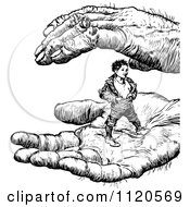 Clipart Of A Retro Vintage Black And White Tom Thumb In Hands Royalty Free Vector Illustration