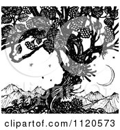 Clipart Of A Retro Vintage Black And White Mountainous Tree With Berries Royalty Free Vector Illustration