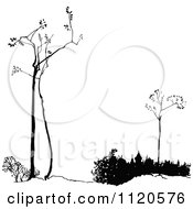Clipart Of Retro Vintage Black And White Twiglet Trees And Roof Tops Royalty Free Vector Illustration