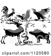 Poster, Art Print Of Retro Vintage Black And White Rooster Owl Crow Deer Snake And Pig By A Tree
