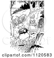 Clipart Of Retro Vintage Black And White Rabbits In The Woods Royalty Free Vector Illustration