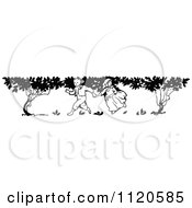 Clipart Of Retro Vintage Black And White Children Running By Trees Royalty Free Vector Illustration