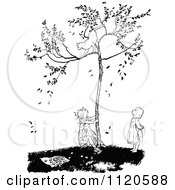 Clipart Of A Retro Vintage Black And White Cat In A Tree Above Girls Royalty Free Vector Illustration