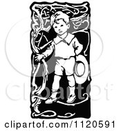 Clipart Of A Retro Vintage Black And White Boy With Vines 2 Royalty Free Vector Illustration