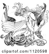 Clipart Of A Retro Vintage Black And White Weeping Woman With Fish Royalty Free Vector Illustration