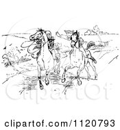 Retro Vintage Black And White Horseback Rider Chasing Another