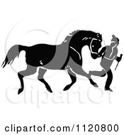 Poster, Art Print Of Retro Vintage Black And White Horse Running With Its Master
