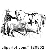 Clipart Of A Retro Vintage Black And White Equestrian Feeding His Horse Royalty Free Vector Illustration
