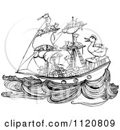 Poster, Art Print Of Retro Vintage Black And White Crew Of Mice Sailing A Ship With A Duck