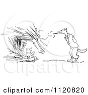 Clipart Of A Retro Vintage Black And White Big Bad Wolf Blowing Down A Pigs House Of Straw Royalty Free Vector Illustration