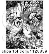 Clipart Of A Retro Vintage Black And White Owl In A Crowd Of Birds Royalty Free Vector Illustration