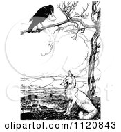 Poster, Art Print Of Retro Vintage Black And White Crow In A Tree Above A Fox
