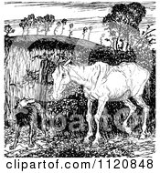 Clipart Of A Retro Vintage Black And White Horse And Fox Royalty Free Vector Illustration