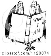 Clipart Of Retro Vintage Black And White Birds Reading A What I Am Book Royalty Free Vector Illustration