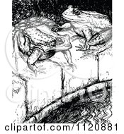 Clipart Of Retro Vintage Black And White Frogs On A Pond Ledge Royalty Free Vector Illustration