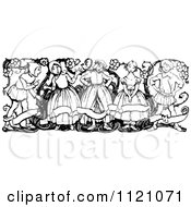 Clipart Of A Retro Vintage Black And White Group Of Kids With A Banner And Vine Royalty Free Vector Illustration