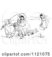 Clipart Of A Retro Vintage Black And White Children Playing In A Meadow Royalty Free Vector Illustration