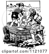 Clipart Of Retro Vintage Black And White Kids And Cat In A Boat Royalty Free Vector Illustration