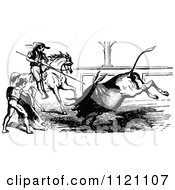 Clipart Of A Retro Vintage Black And White Matador And Spearman In A Bull Fight Royalty Free Vector Illustration