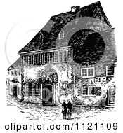 Clipart Of Retro Vintage Black And White People On A Street With Buildings Royalty Free Vector Illustration