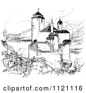 Clipart Of A Retro Vintage Black And White Castle Royalty Free Vector Illustration
