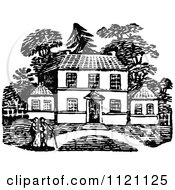 Clipart Of Retro Vintage Black And White People Strolling Near Their Country Home Royalty Free Vector Illustration