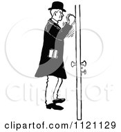 Clipart Of A Retro Vintage Black And White Angry Man Knocking On A Door Royalty Free Vector Illustration