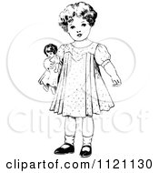 Clipart Of A Retro Vintage Black And White Girl Standing With A Doll Royalty Free Vector Illustration