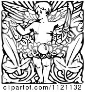 Poster, Art Print Of Retro Vintage Black And White Cherub With Leaves