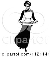 Poster, Art Print Of Retro Vintage Black And White Domestic Housewife Or Maid Carrying A Food Platter