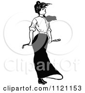 Clipart Of A Retro Vintage Black And White Lady Golfing Royalty Free Vector Illustration