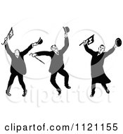 Clipart Of Retro Vintage Black And White Jumping Harvard Men Royalty Free Vector Illustration